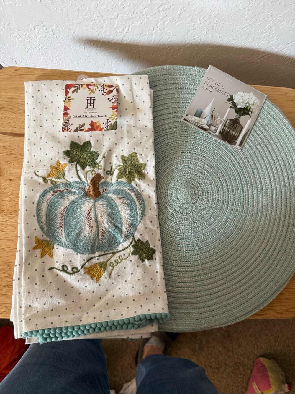 Harvest Pumpkin Embroidered Kitchen Towel - Aqua | Home Kitchen and 6 Placemat’s